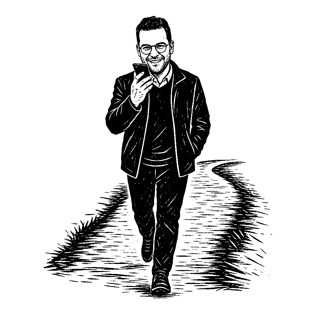 A smiling man with round glasses walks along a path and speaks into a phone held close to his mouth.