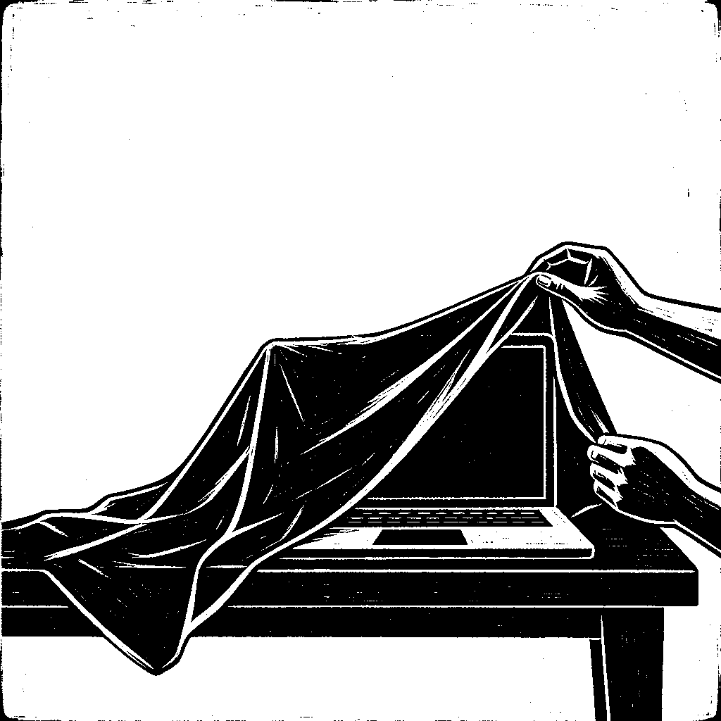 A plain laptop on a desk partly covered by a cloth, with two hands lifting a corner of the cloth.