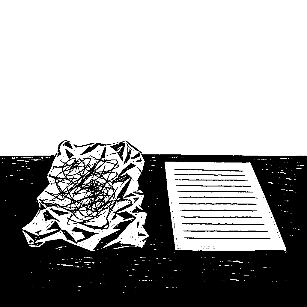 Two sheets of paper on a table: one crumpled and covered in scribbles, the other flat and neatly lined.