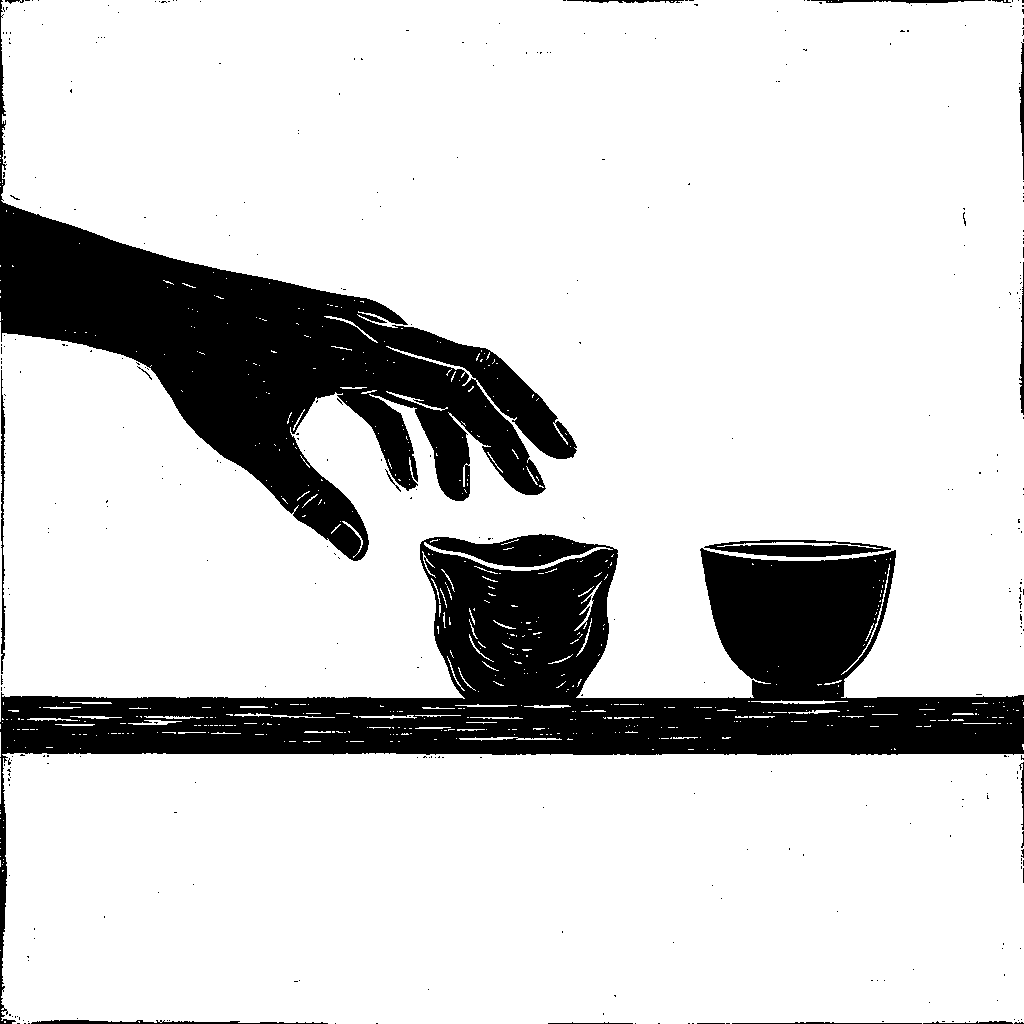 A hand reaching toward one of two cups on a shelf, one rough and hand-made looking, the other smooth and perfect.