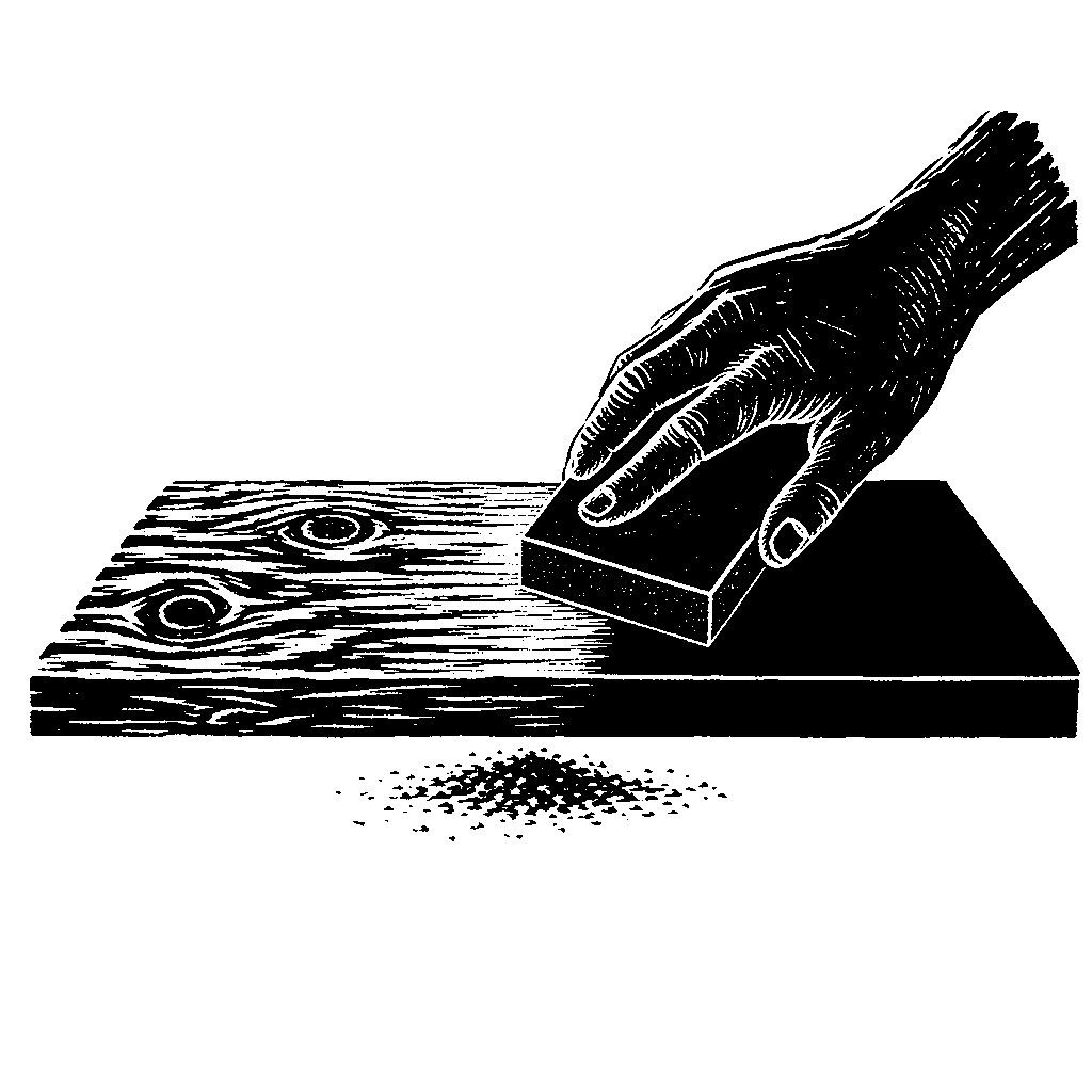 A hand pushes a sanding block along a wooden board, rough and knotted on one side and smooth on the other.