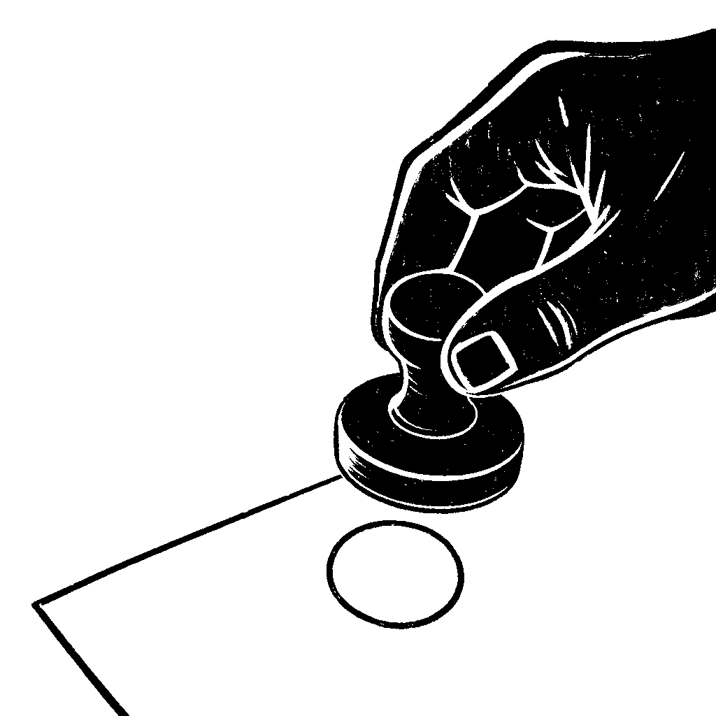 A hand pressing a round stamp onto the corner of a sheet of paper, leaving a plain circle.