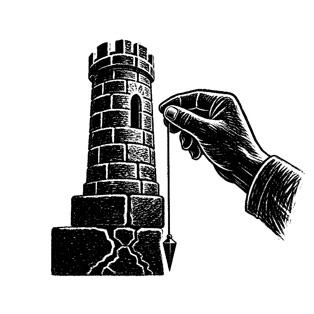 A tall tower of stacked blocks resting on cracked lower blocks, with a hand holding a plumb line beside it.
