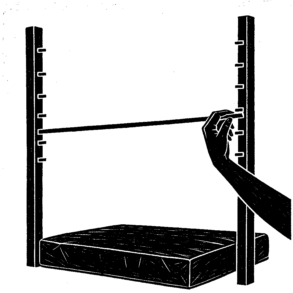 A high-jump bar between two posts with a hand lifting it to a higher peg, a mat on the ground beneath.