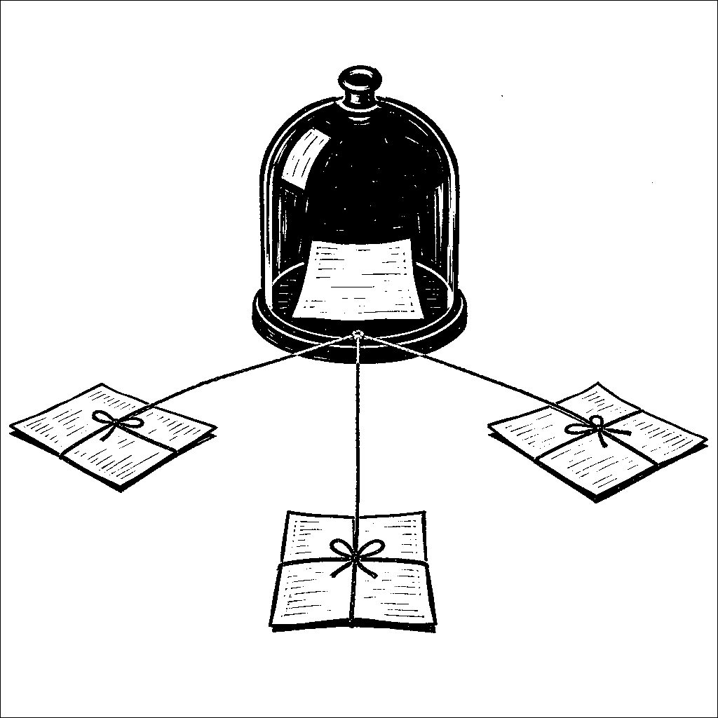 A sheet of paper under a glass dome, with three other sheets beside it, each joined to the dome by a thin thread.