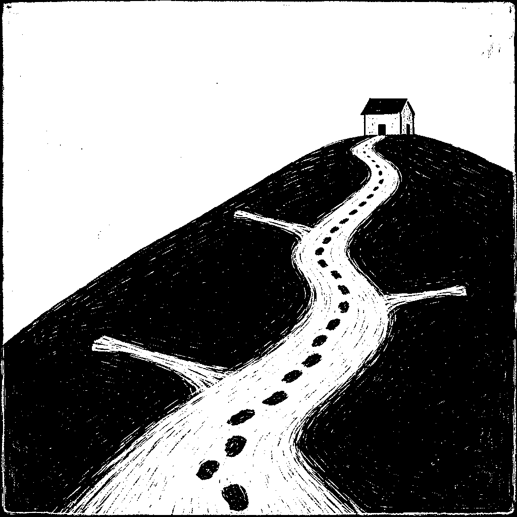 A winding dirt road with footprints on it leads up a hill to a small house, with a few short tracks that stop at dead ends.