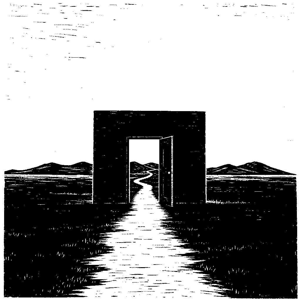 A freestanding wall in a field with an open door, and a path going through it towards hills in the distance.