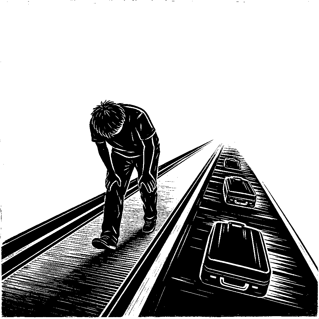 A tired person on a fast moving walkway bending with hands on knees while luggage slides past on a belt.