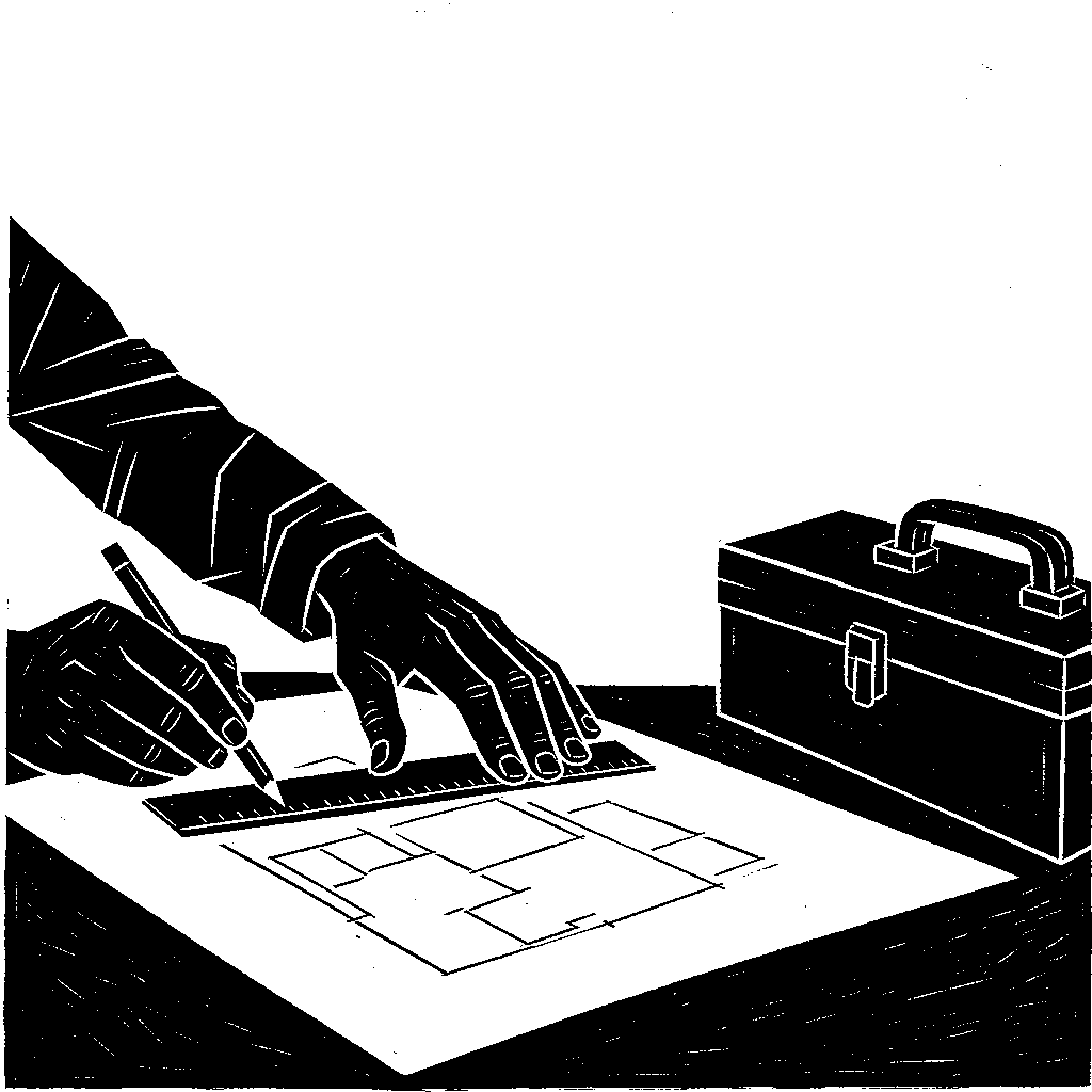 Two hands drawing a plan on a large sheet of paper with a pencil and ruler, with a closed toolbox at the edge of the table.