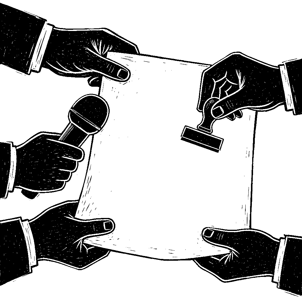 Hands hold one sheet of paper: one holds a microphone to it, one a rubber stamp above it.