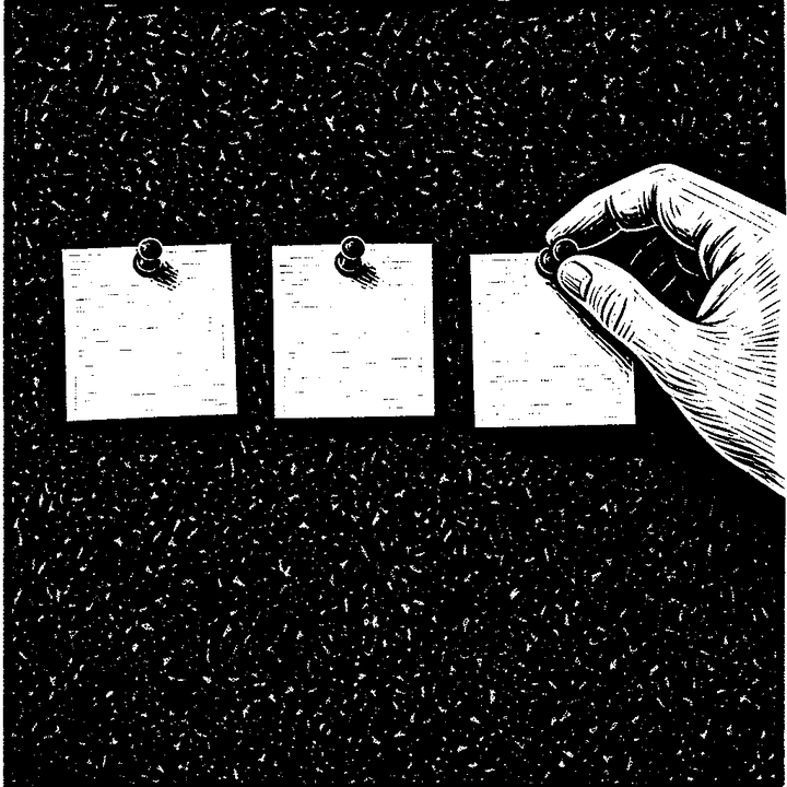 A hand pinning a third small note in a row on a cork board.