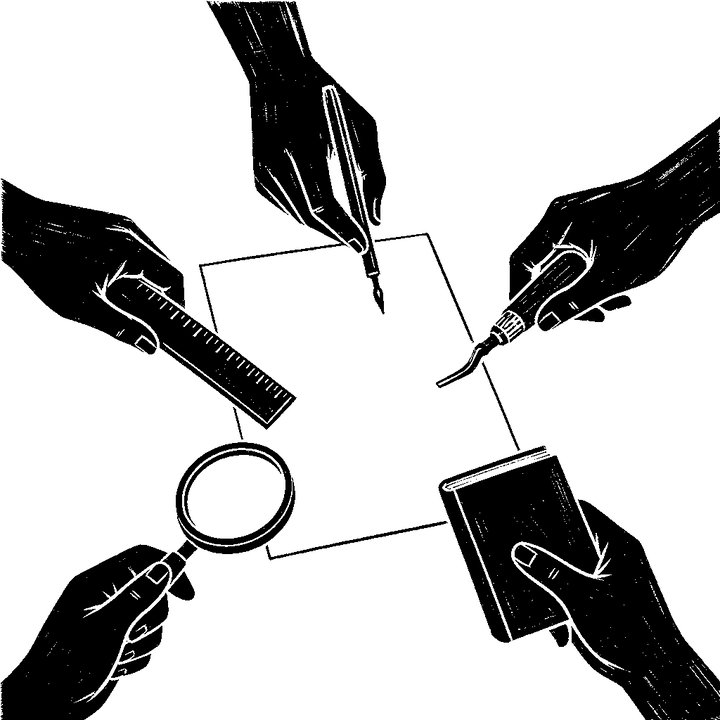 Five hands around one sheet of paper, holding a pen, a carving tool, a ruler, a magnifying glass and a book.