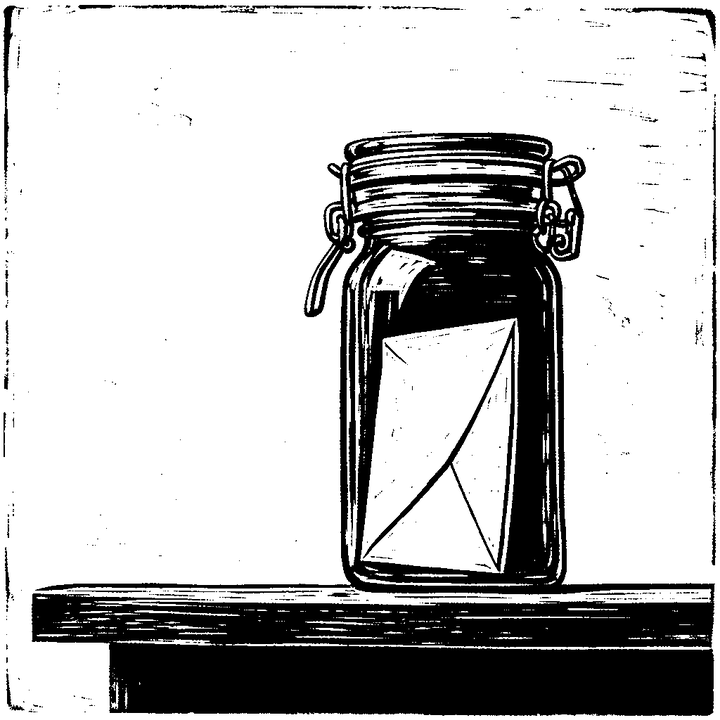 A folded sheet of paper sealed in a glass jar on a shelf.