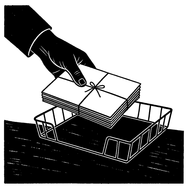 A hand laying a bundle of papers tied with string into a wire tray.