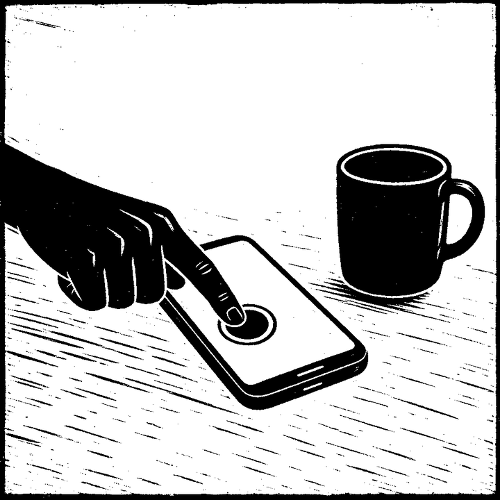A hand pressing the round record button on a phone lying on a table, a cup beside it.