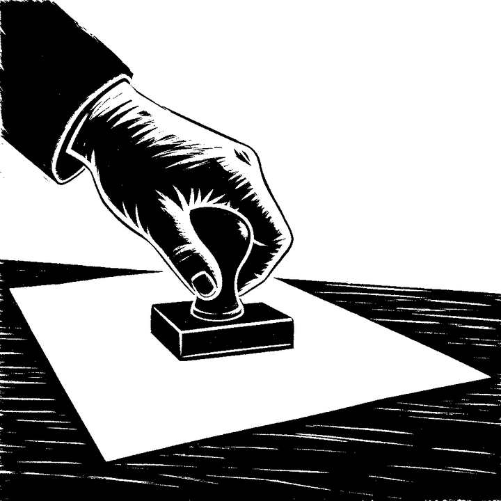 A hand pressing a rubber stamp down onto a sheet of paper.